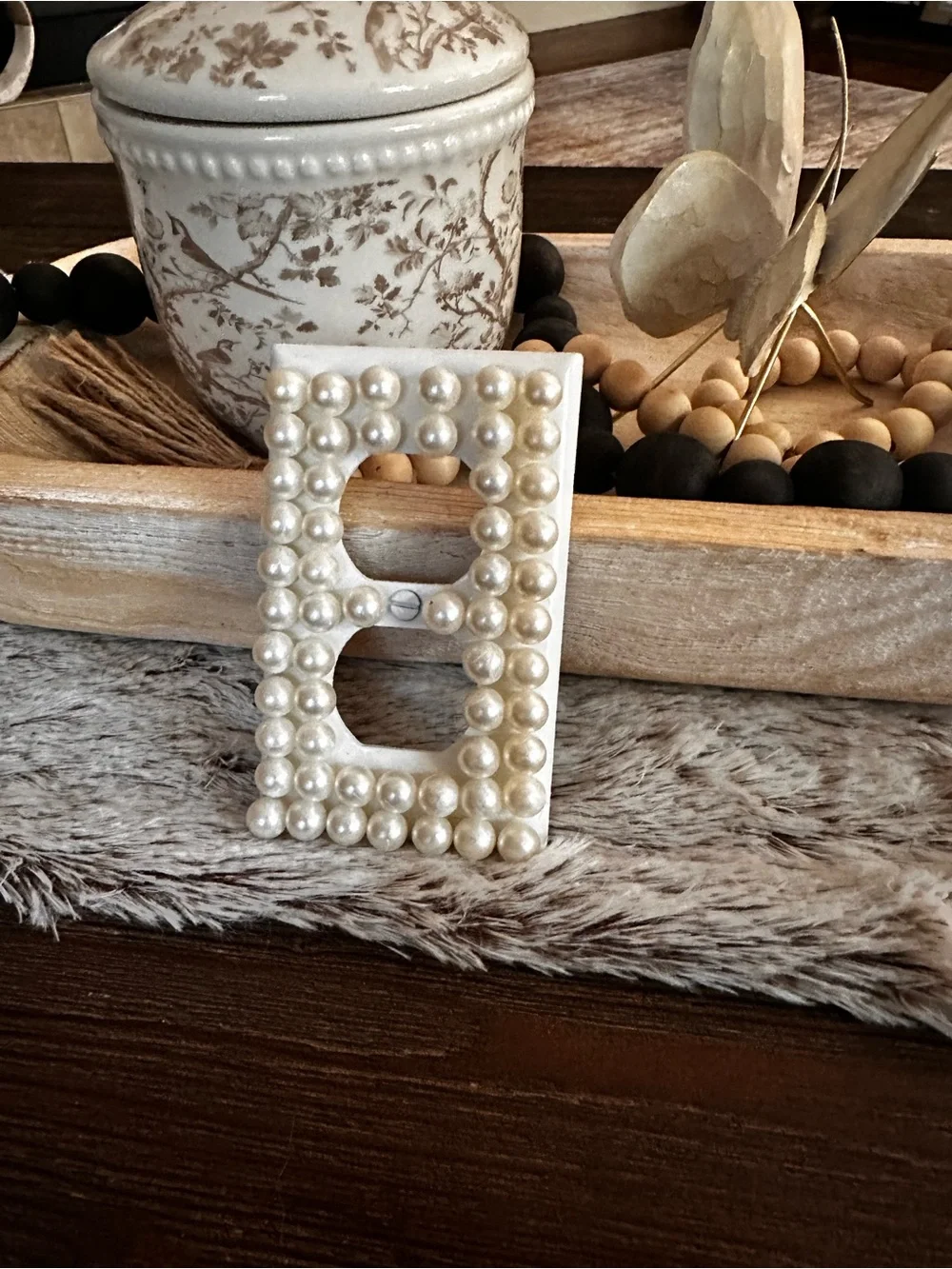Hand Crafted Pearl Beaded Double Outlet Cover in White